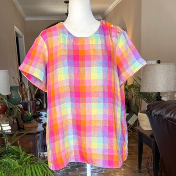 Lands' End Linen Rainbow Plaid Button Shoulder Top size L - Picture 9 of 9